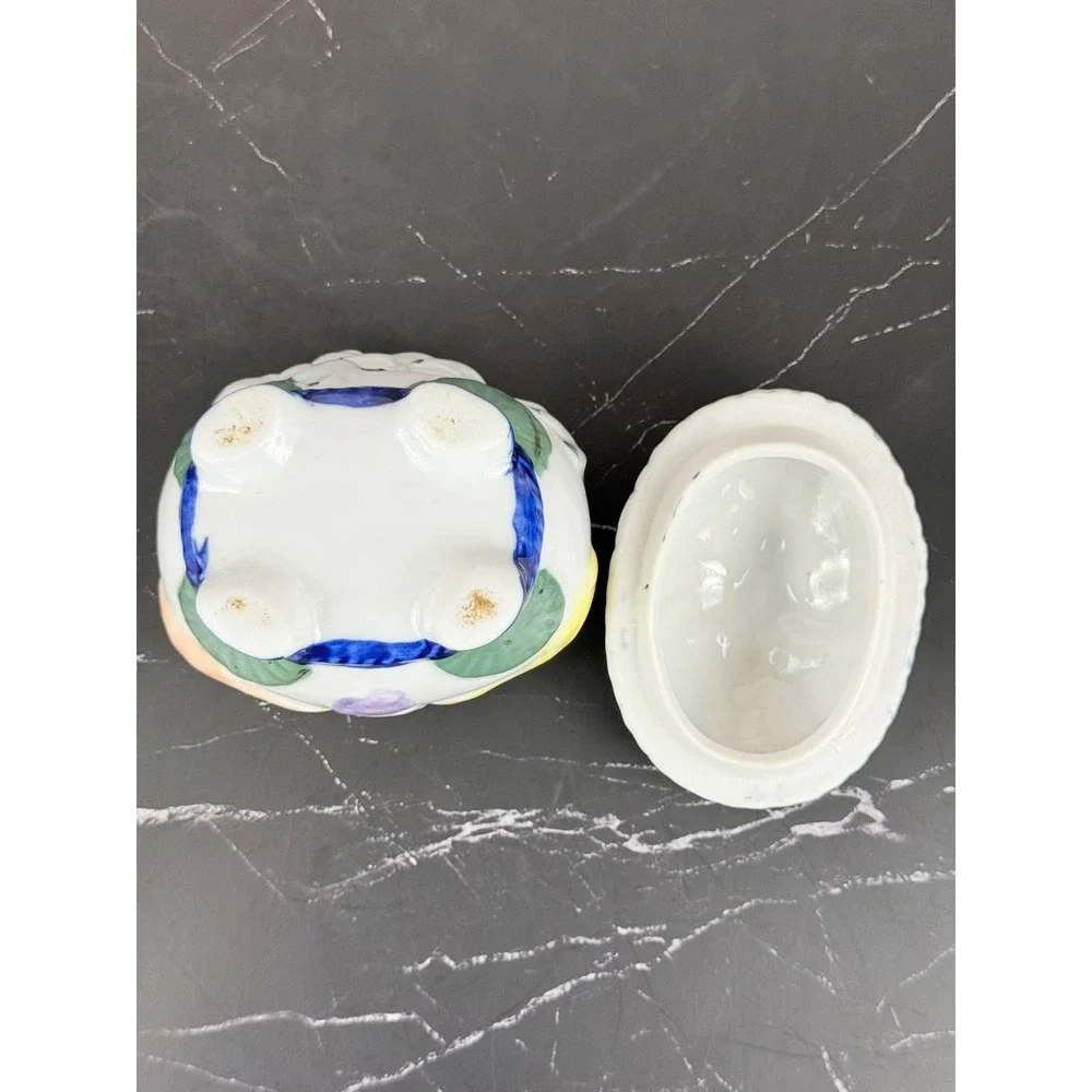 VTG Oval Shaped Footed Ceramic Trinket Box w/ Fruits Flowers Geese Pigs Animals